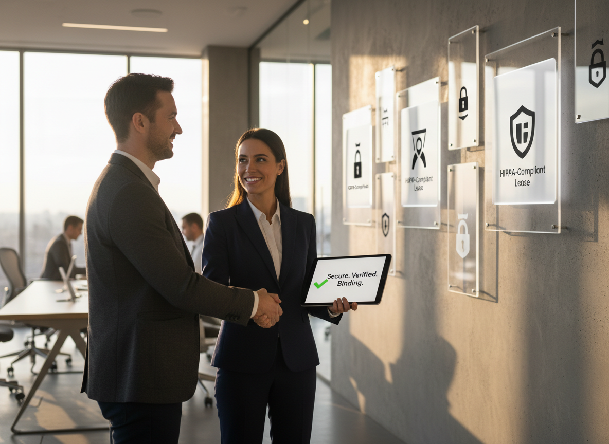 A real estate agent and client shake hands after signing a secure digital contract on a tablet, with successful case study logos displayed in the background.