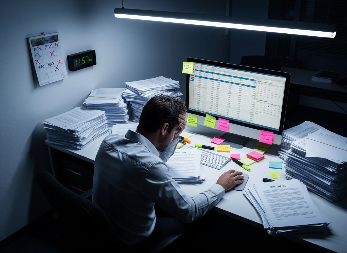 An overwhelmed business owner at a cluttered desk full of paper contracts and sticky notes, symbolizing the inefficiency of manual contract renewals.