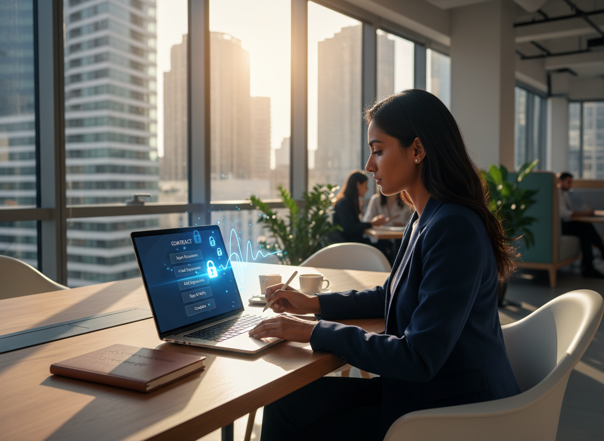 A professional digitally signing a contract on a laptop with a holographic overlay showing steps like 'Upload Document' and 'Sign & Verify,' illustrating how electronic signatures work.
