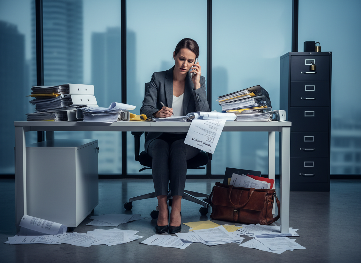 A stressed real estate agent surrounded by paper contracts, illustrating the inefficiency of traditional methods.