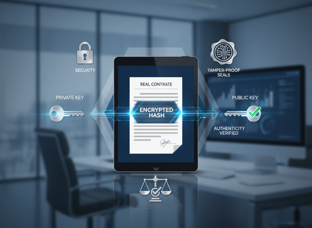 Diagram showing digital signature process with encrypted hash and public/private key verification.