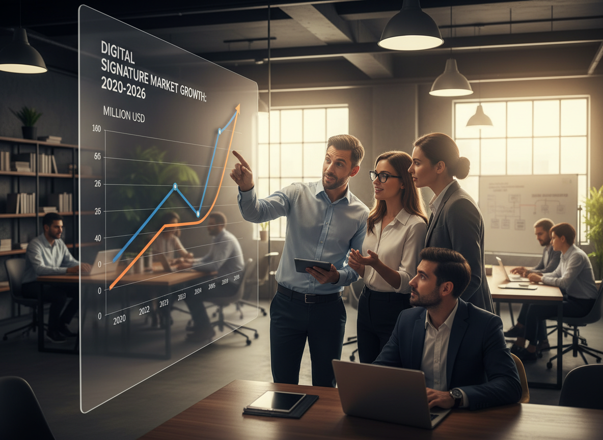 Entrepreneurs in a coworking space discussing a digital graph of digital signature market growth from 2020 to 2026