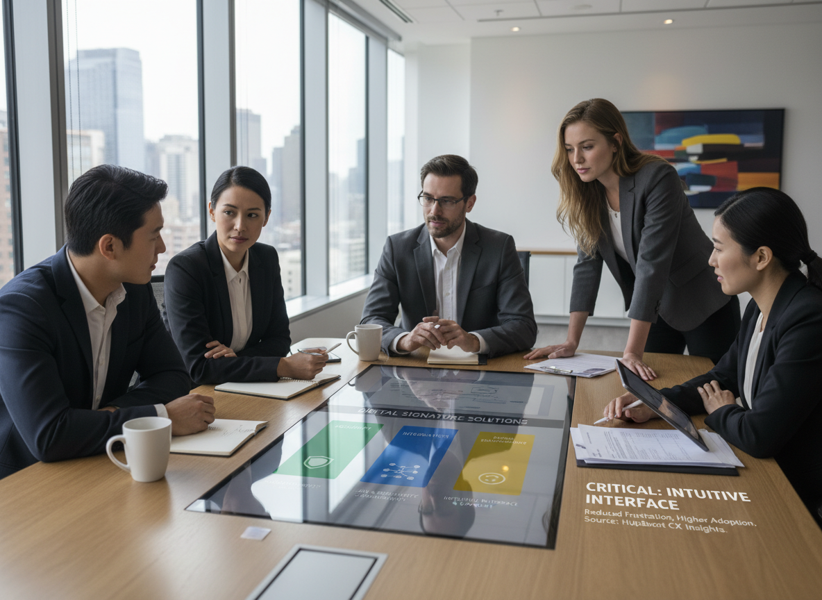 Professionals in a conference room reviewing a comparison chart of digital signature solutions