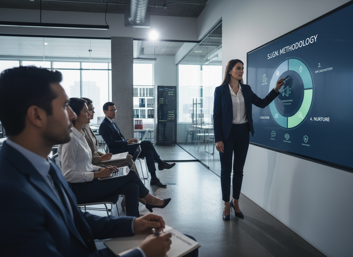 Corporate training session featuring a diagram of the S.I.G.N. Methodology for digital signatures