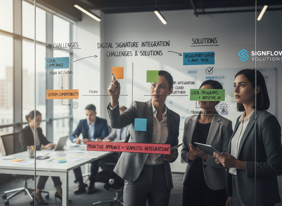 Project manager in an office explaining digital signature integration challenges and solutions on a whiteboard