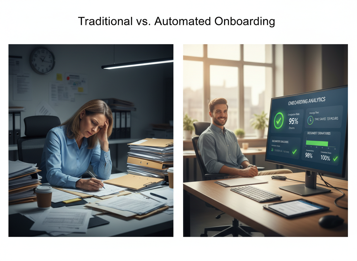 Side-by-side comparison of traditional paper-based onboarding and digital automated onboarding, highlighting efficiency and time savings.