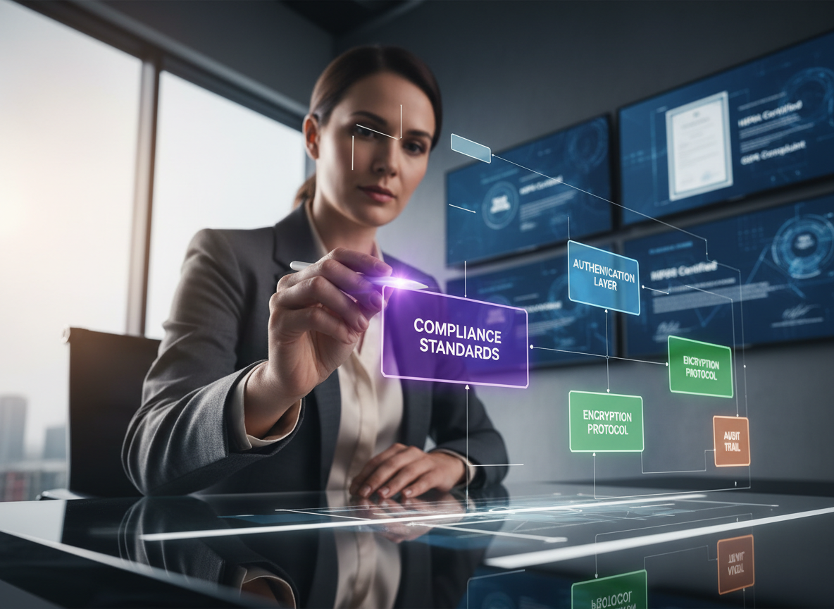 A holographic diagram showing secure e-signature components, including authentication, encryption, audit trails, and compliance standards.