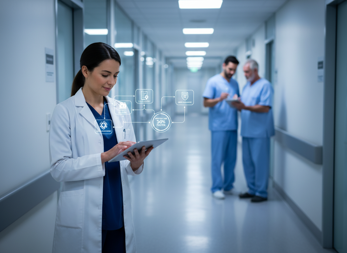 Healthcare professional reviewing a digital workflow diagram on a tablet, showcasing patient consent and HIPAA compliance benefits.