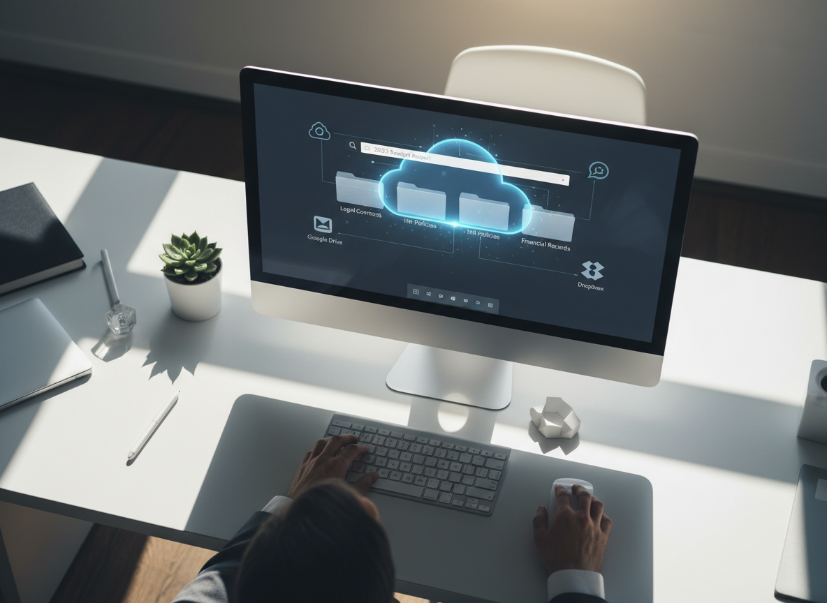 Workspace with a computer screen displaying organized cloud storage folders, symbolizing centralized document storage.