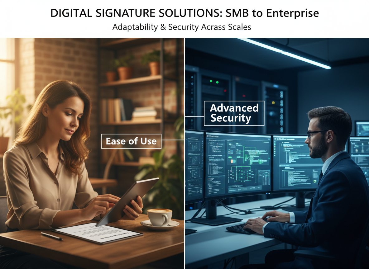 Split-screen showing SMB and enterprise use cases for key e-signature features like ease of use and advanced security.