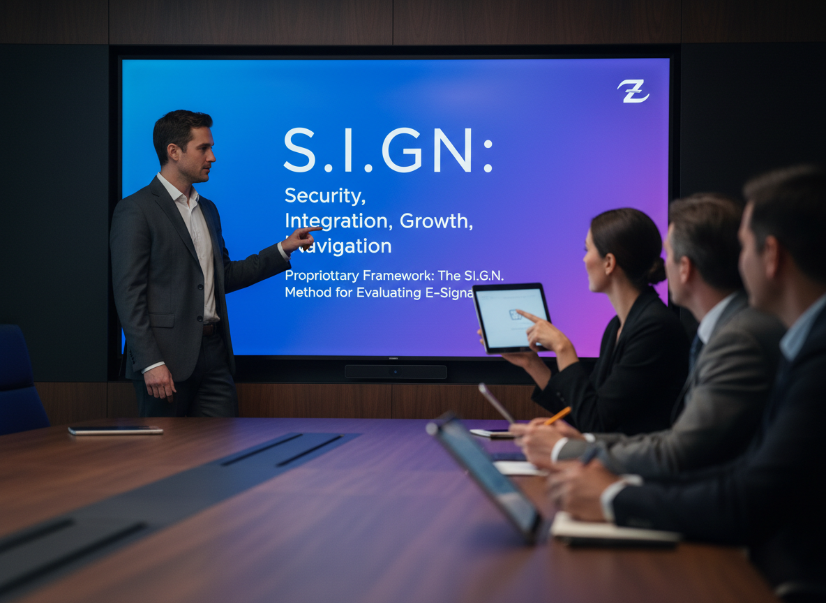 Presenter explaining the S.I.G.N. framework in a Zignature-branded conference room with attendees taking notes on tablets.