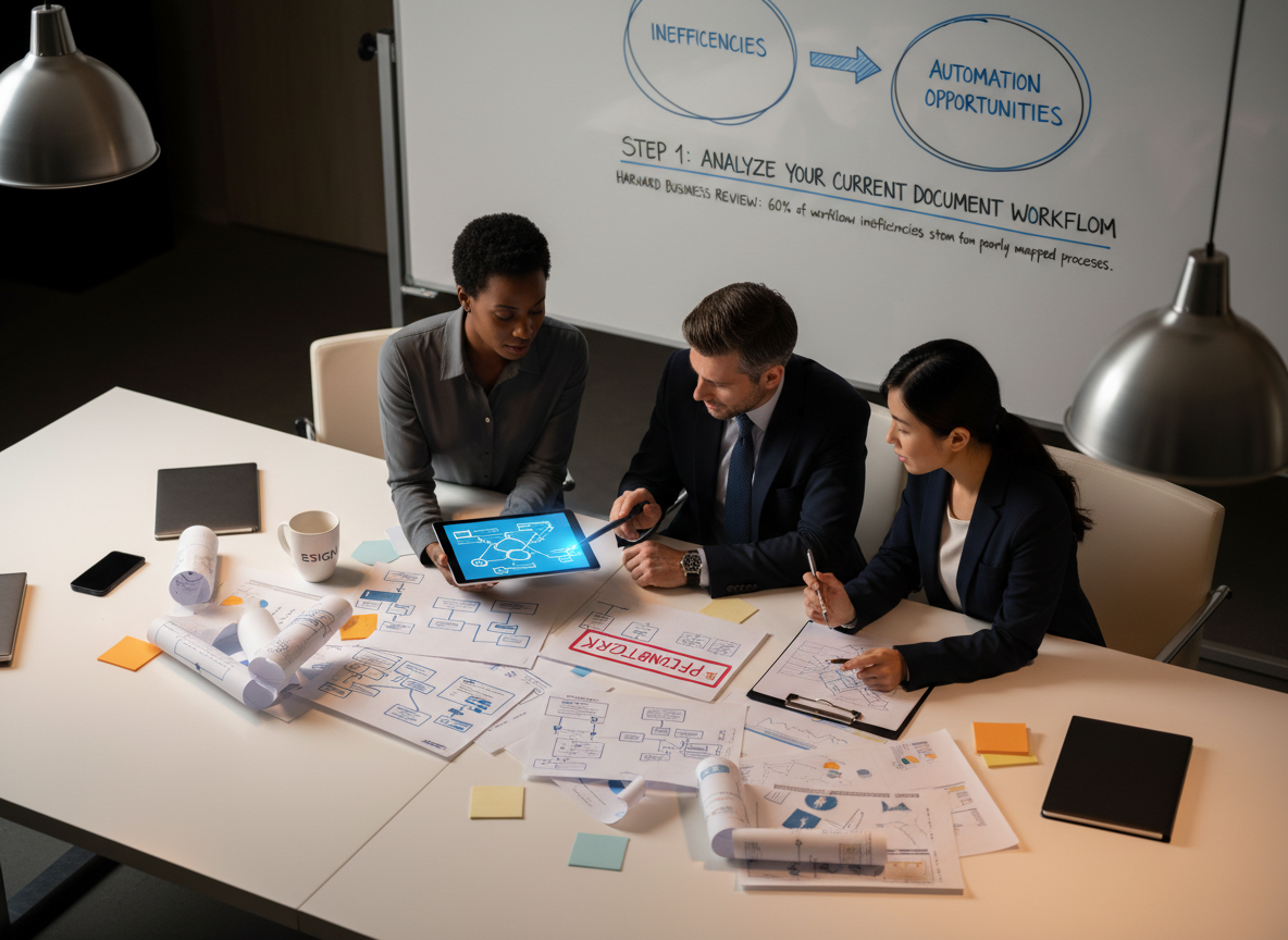 A team analyzing a cluttered desk with printed documents and a tablet showing a workflow diagram, highlighting inefficiencies and automation opportunities.