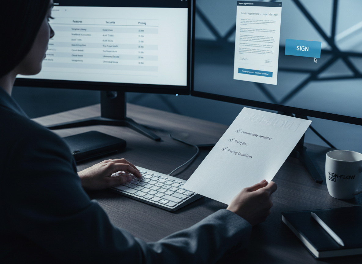 A professional comparing e-signature platforms on dual monitors, with a checklist of essential features like security and tracking capabilities in hand.