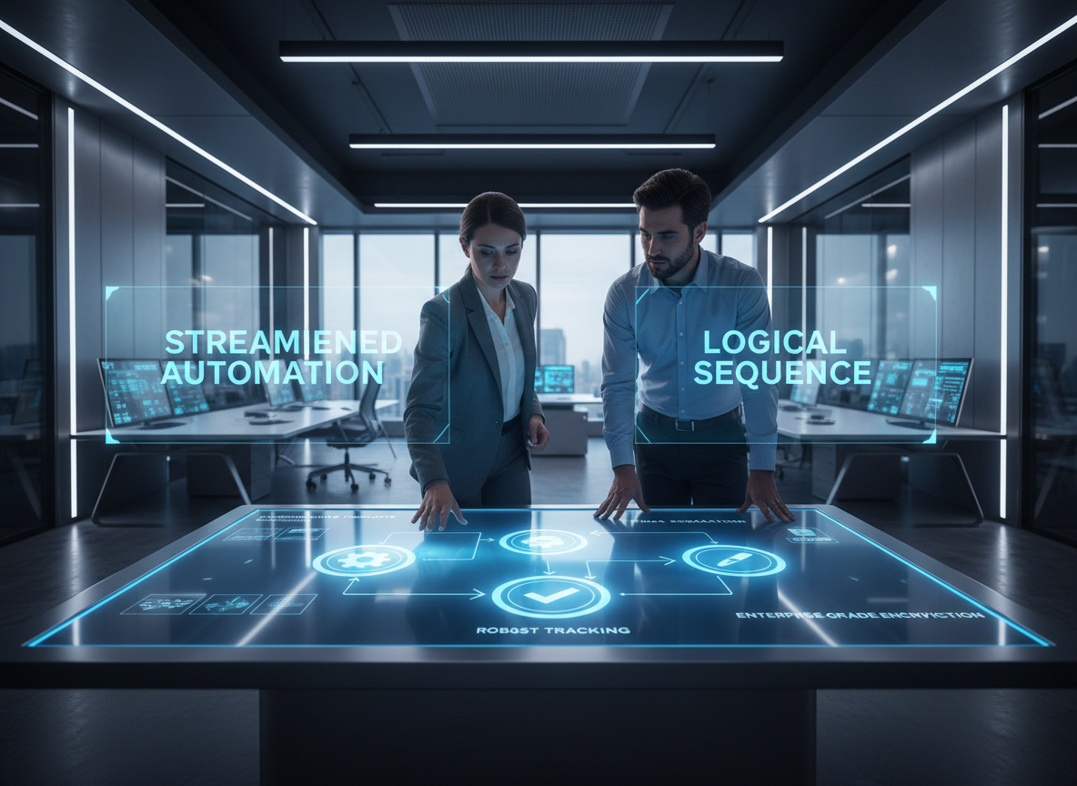 Professionals designing an optimized workflow on a digital touchscreen table with holographic elements displaying streamlined automation and logical sequencing.