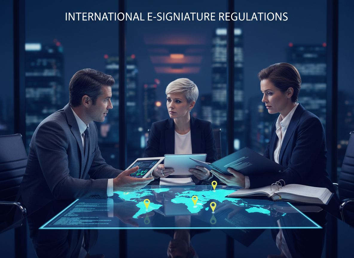 A team of professionals discusses global e-signature compliance around a digital touchscreen map, with glowing markers indicating country-specific regulations.