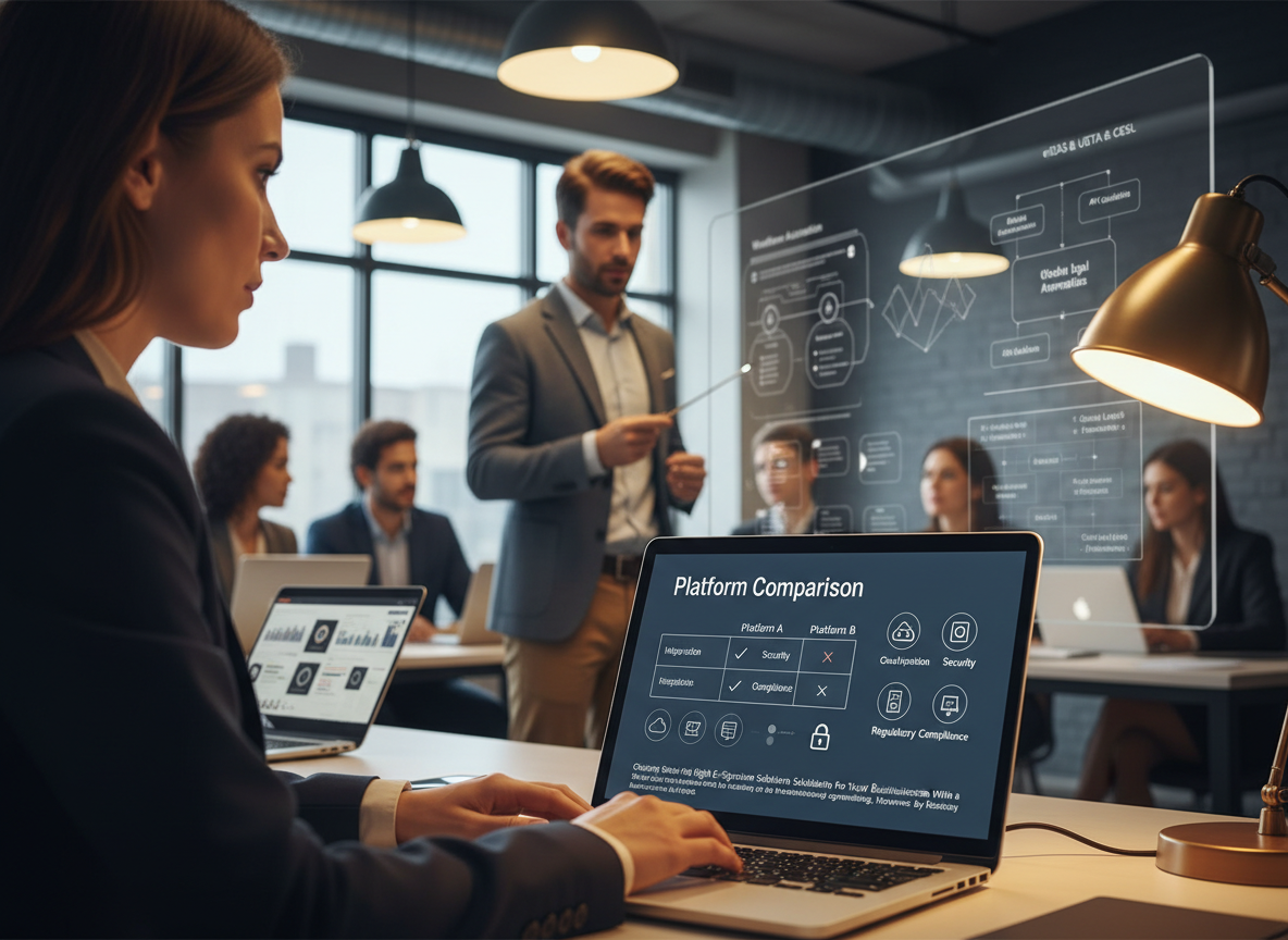 A business owner evaluates e-signature platforms in a co-working space, with comparison charts highlighting security, compliance, and integration features.