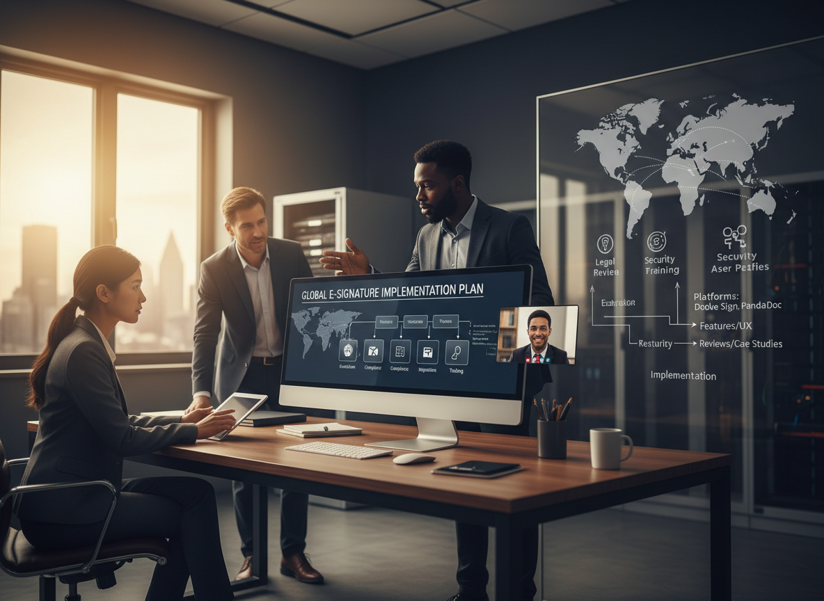 An international team collaborates to implement e-signatures globally, using screens and whiteboards to plan training and monitoring.