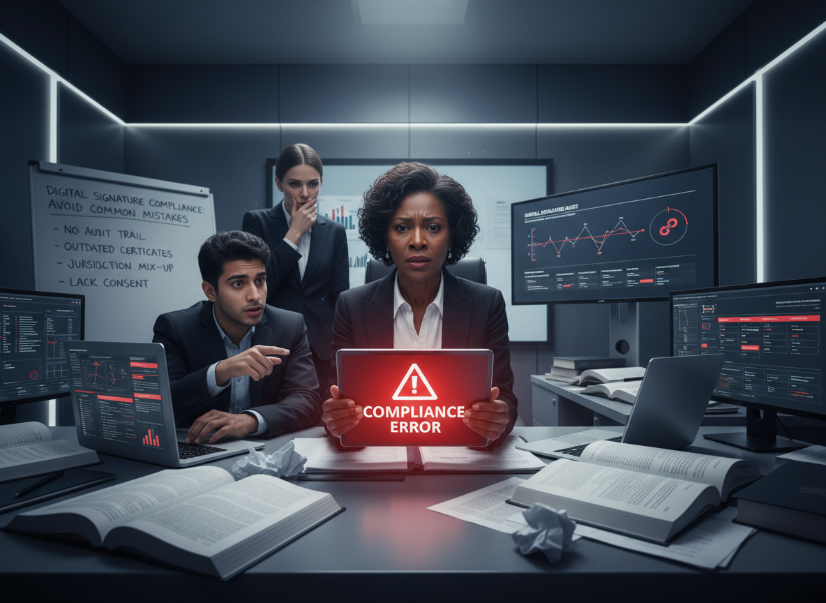 A disorganized law office scene with a lawyer holding a tablet showing a compliance error alert, illustrating common compliance mistakes.