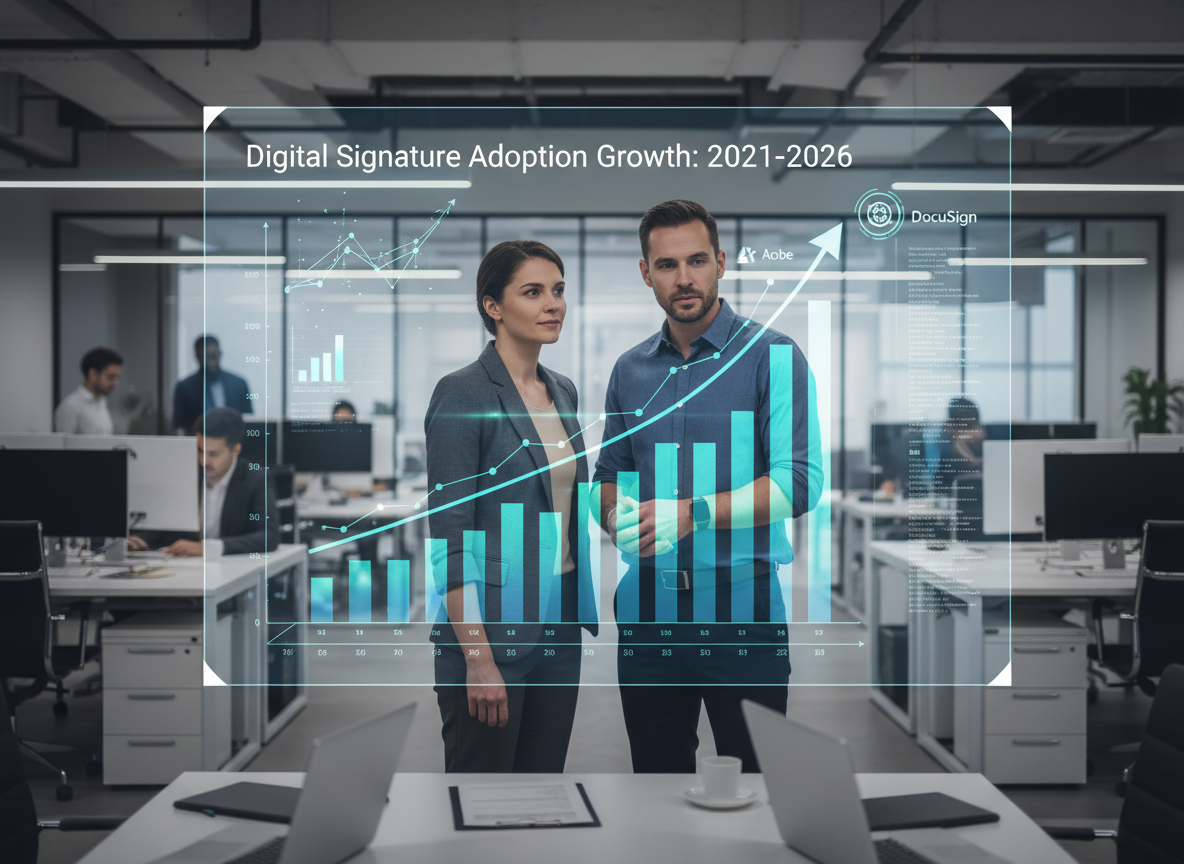 IT manager and team leader discussing a digital graph showing digital signature adoption growth from 2021 to 2026 in an office.