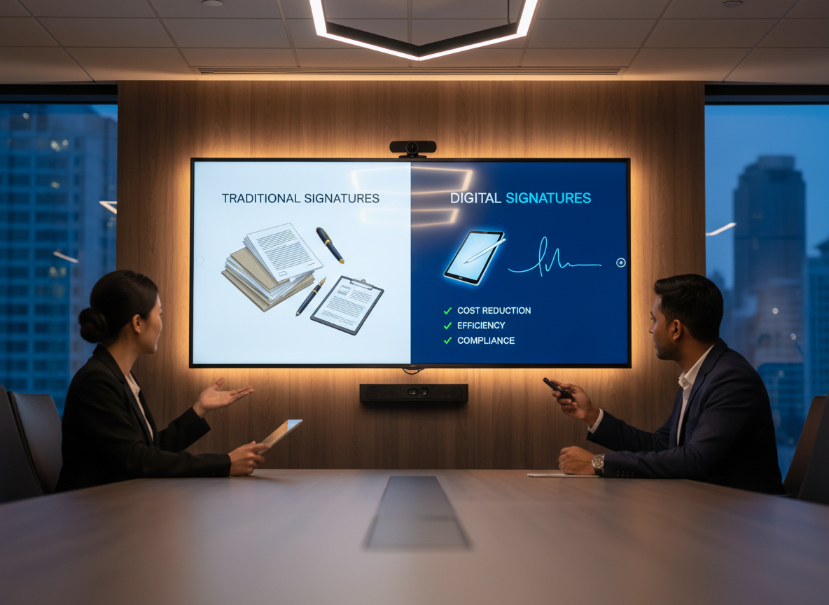 Meeting room with a smart board showing a comparison chart of digital vs. traditional signature benefits.