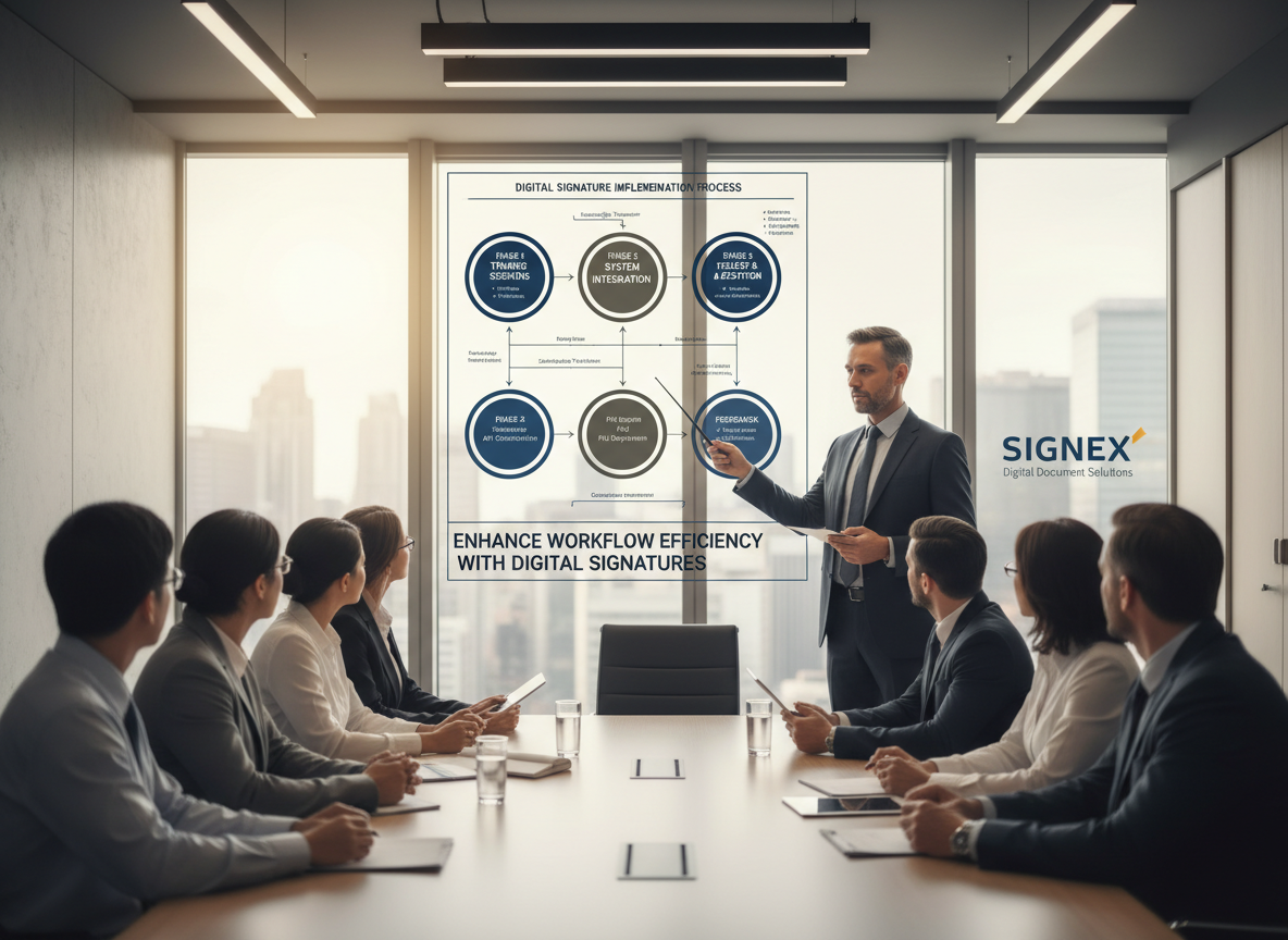 Training room with an IT manager presenting a flowchart of the digital signature implementation process.