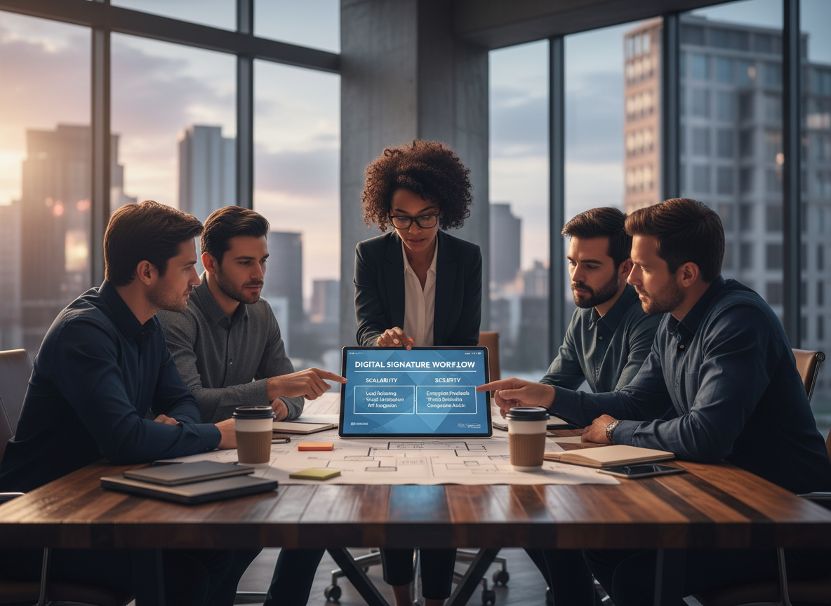 Team in a workspace discussing a digital diagram of challenges and solutions in digital signature adoption.