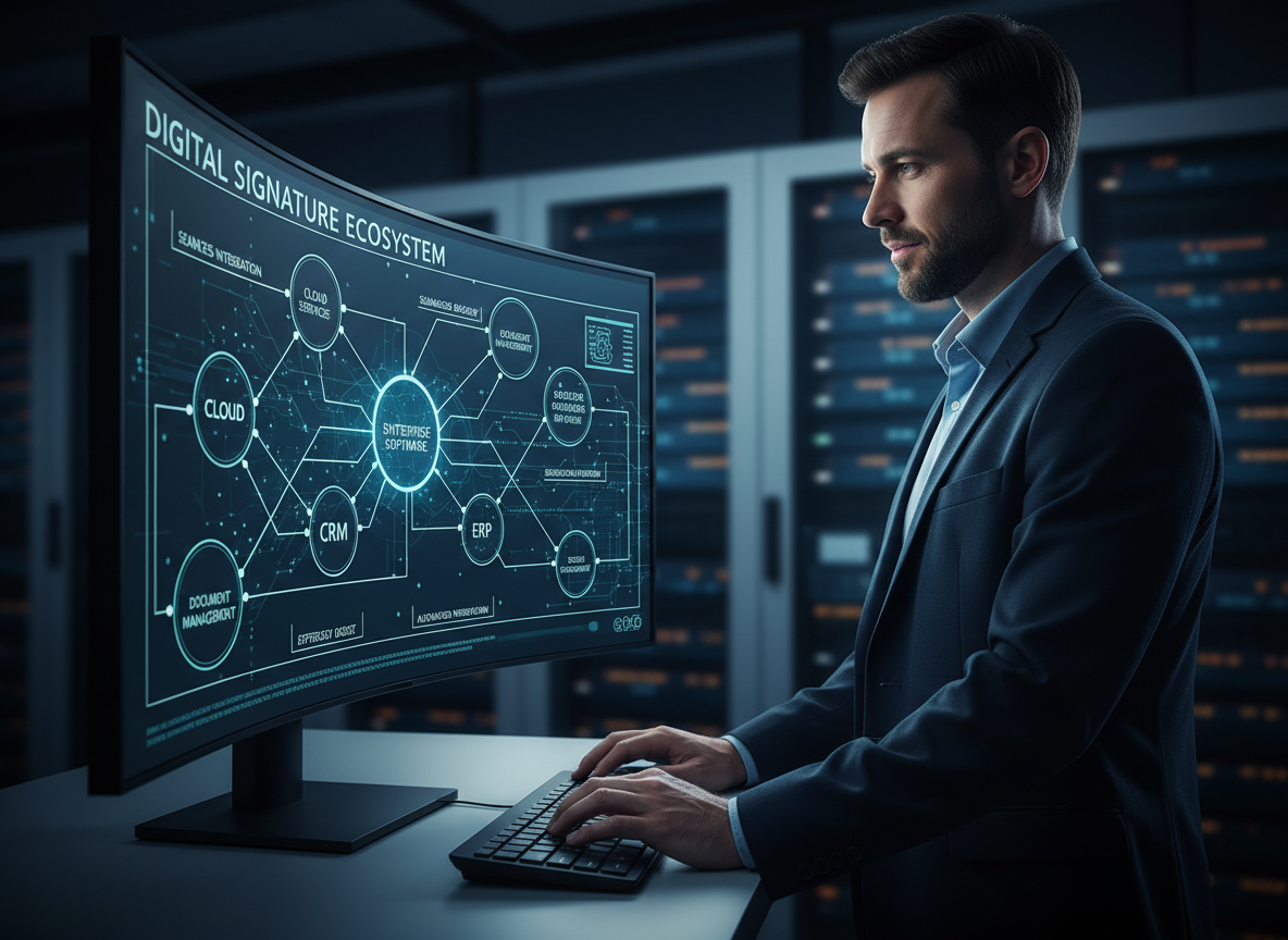 IT professional in a server room viewing a network diagram of digital signature integrations on a console.