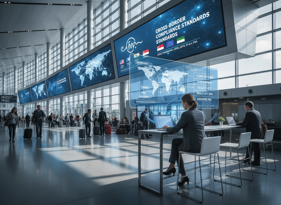 An airport terminal with screens showing country flags and a digital signature icon connected to cross-border compliance.