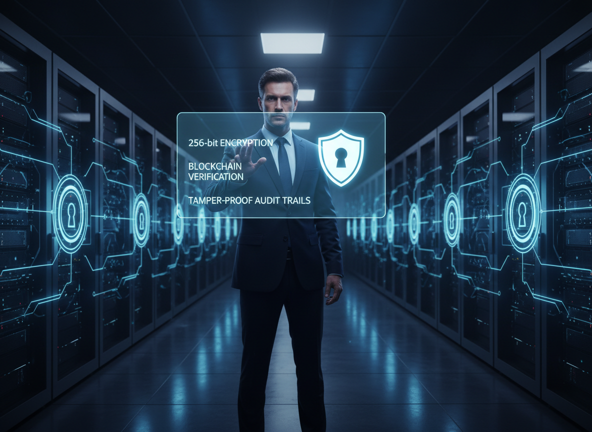 A cybersecurity expert analyzing holographic security features in a futuristic vault room with glowing data panels.