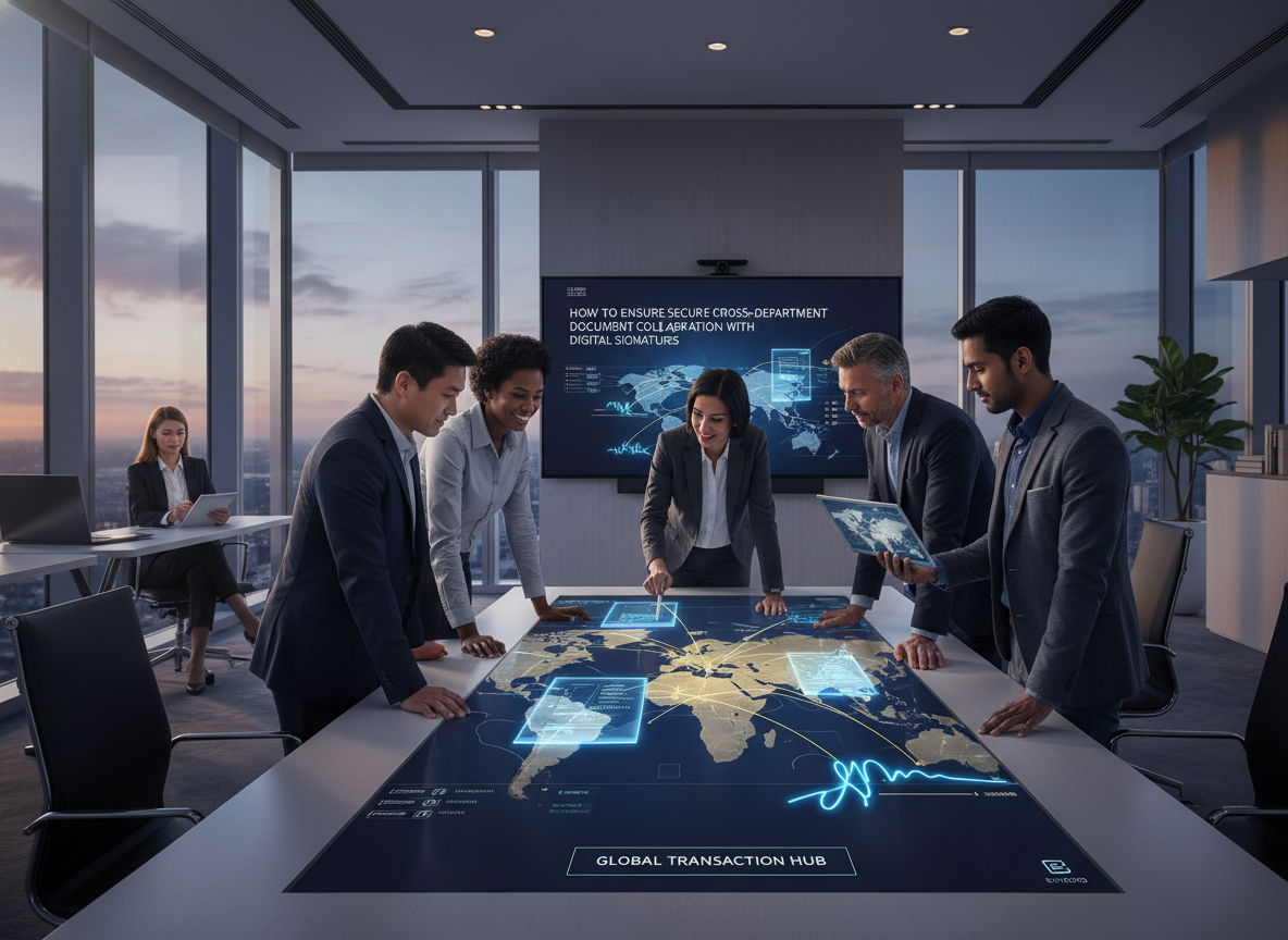 Professionals collaborating with digital signatures over a world map in a modern office.