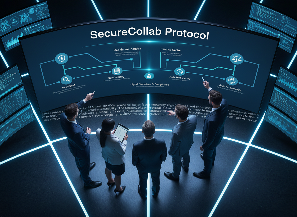 IT team analyzing SecureCollab Protocol flowchart in a command center.