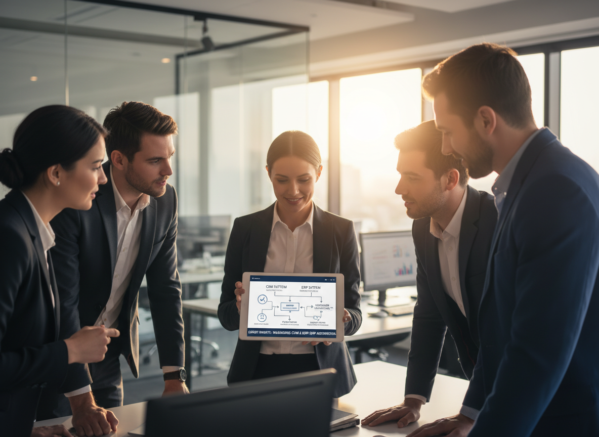 Team reviewing a digital diagram of CRM and ERP integration on a tablet.