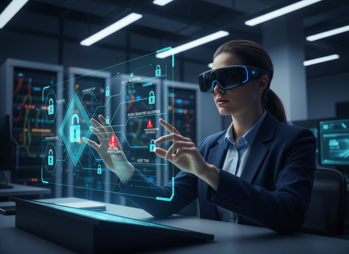 IT security analyst reviewing an encryption workflow hologram in a cybersecurity lab.