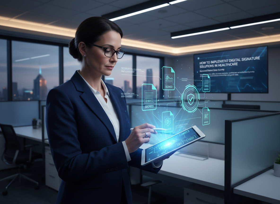A healthcare administrator using a tablet with holographic digital signatures overlay.