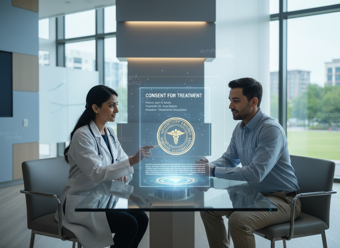 Doctor and patient at a digital table with a floating document showing a digital signature.