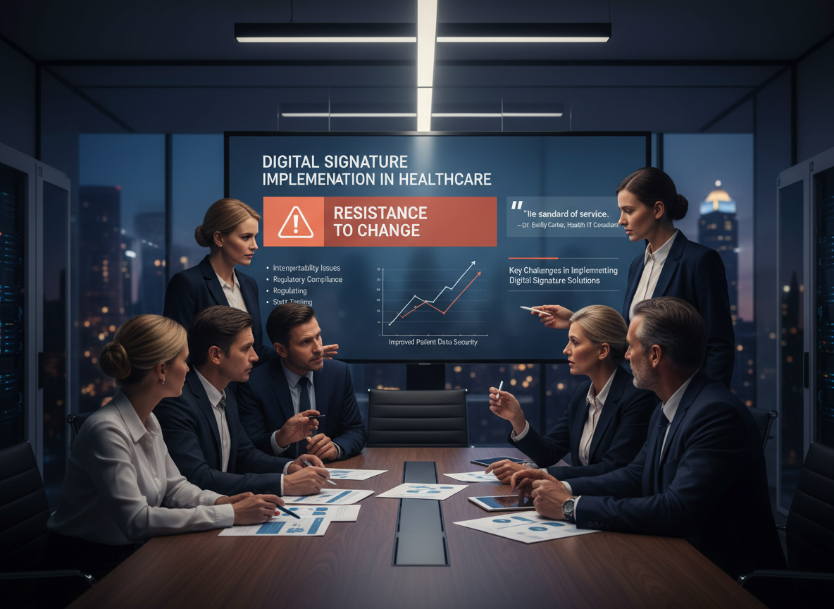 Healthcare IT team discussing digital signature challenges with a caution symbol on screen.