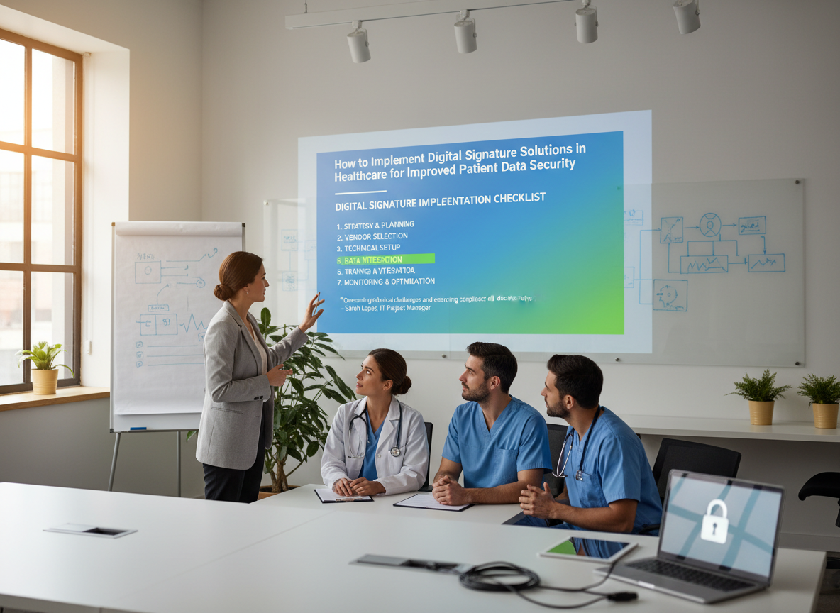 Healthcare training session with a projected digital signature implementation checklist.