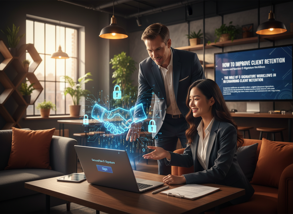 A client and business representative reviewing a document on a laptop with a holographic secure digital handshake overlay, symbolizing trust and efficiency.
