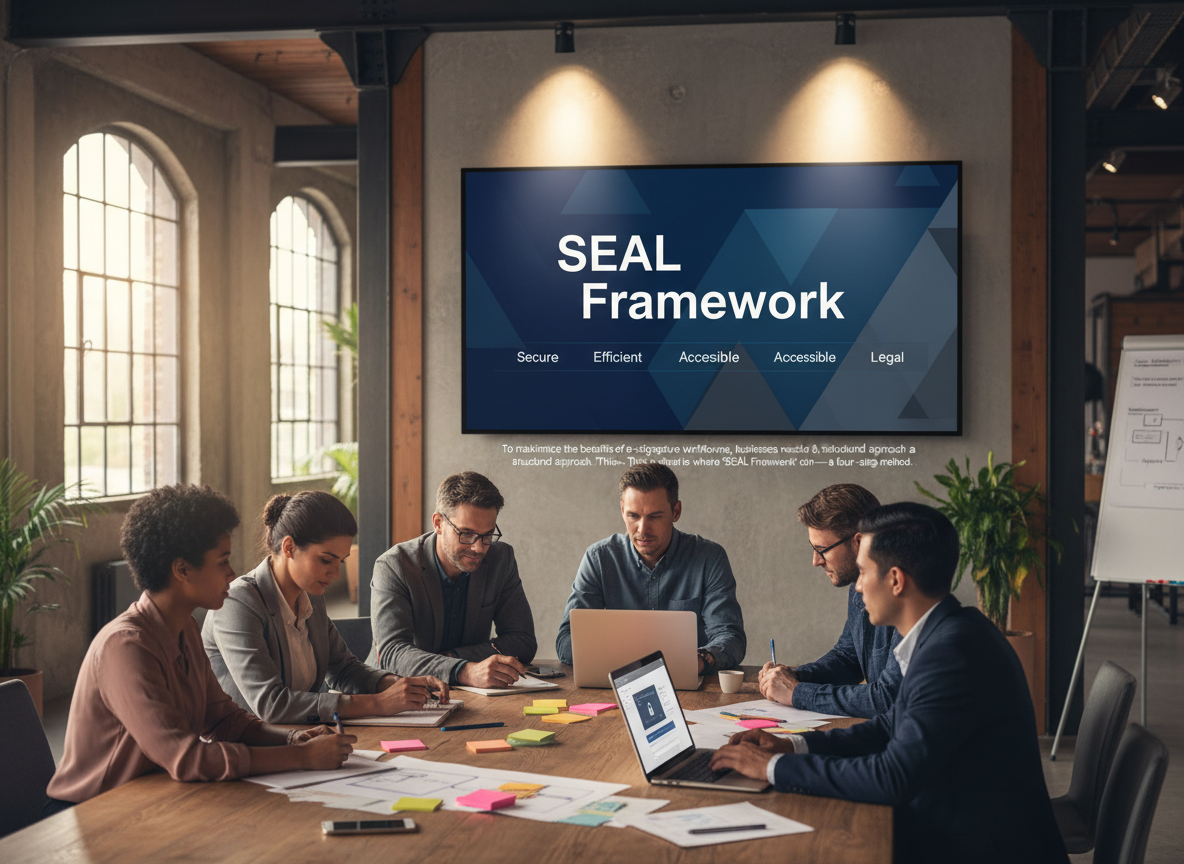 A team brainstorming in a modern workspace, with a large screen displaying the 'SEAL Framework' and a workflow diagram including digital signatures.