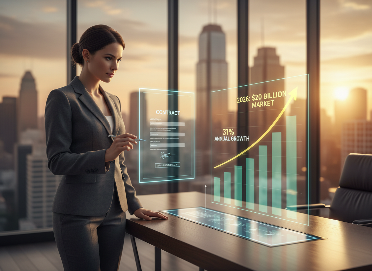 Businesswoman reviewing a digital contract in a modern office, with a holographic graph showing digital signature market growth to $20 billion by 2026.