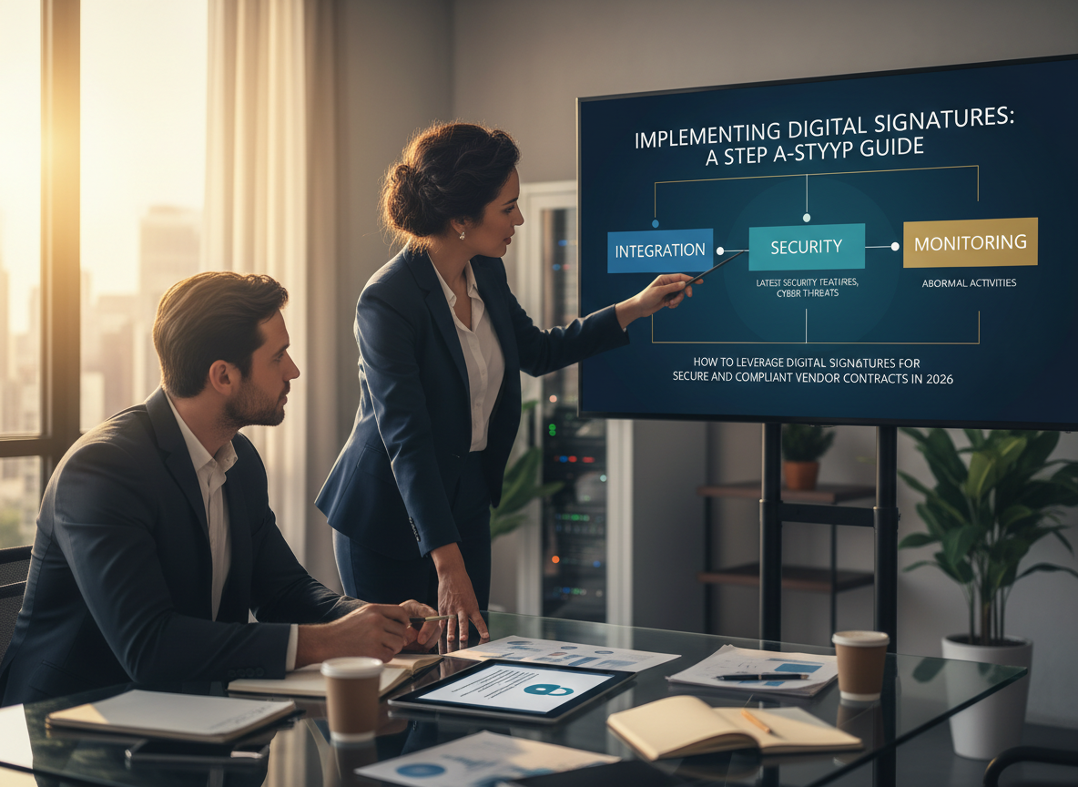 IT manager and business executive in a tech workspace reviewing a digital roadmap for implementing digital signatures, highlighting key steps.