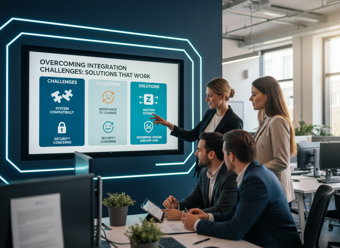 Infographic showing common integration challenges like system compatibility and solutions such as middleware tools and enterprise-grade security.