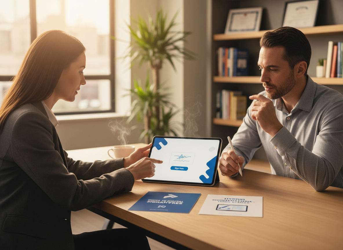 Real estate agent guiding a client through the digital signature process on a tablet.