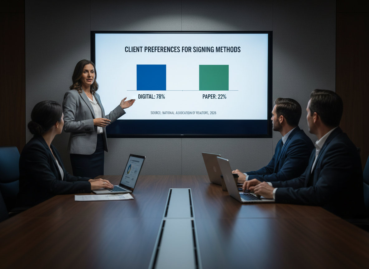 Presentation room showing a bar graph of client preferences for digital versus paper signatures.