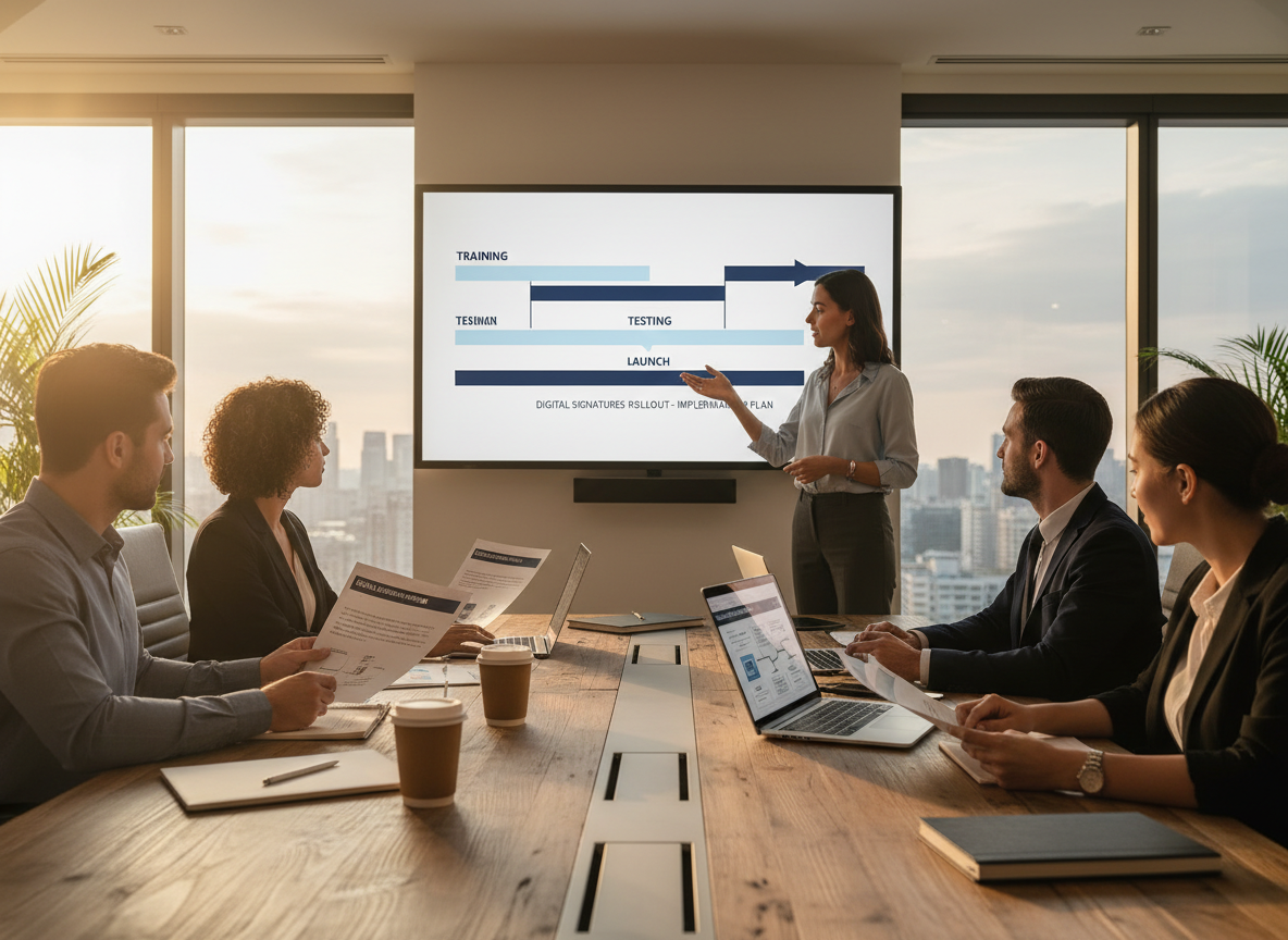 A collaborative meeting in a conference room with a project manager presenting a Gantt chart highlighting training, testing, and launch phases for implementation.
