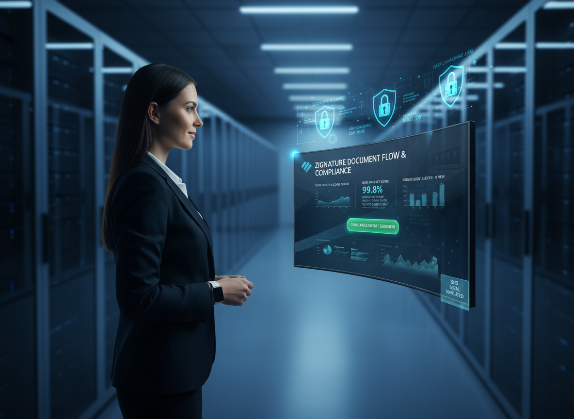 Secure server room with holographic locks and IT professional monitoring a document management dashboard.