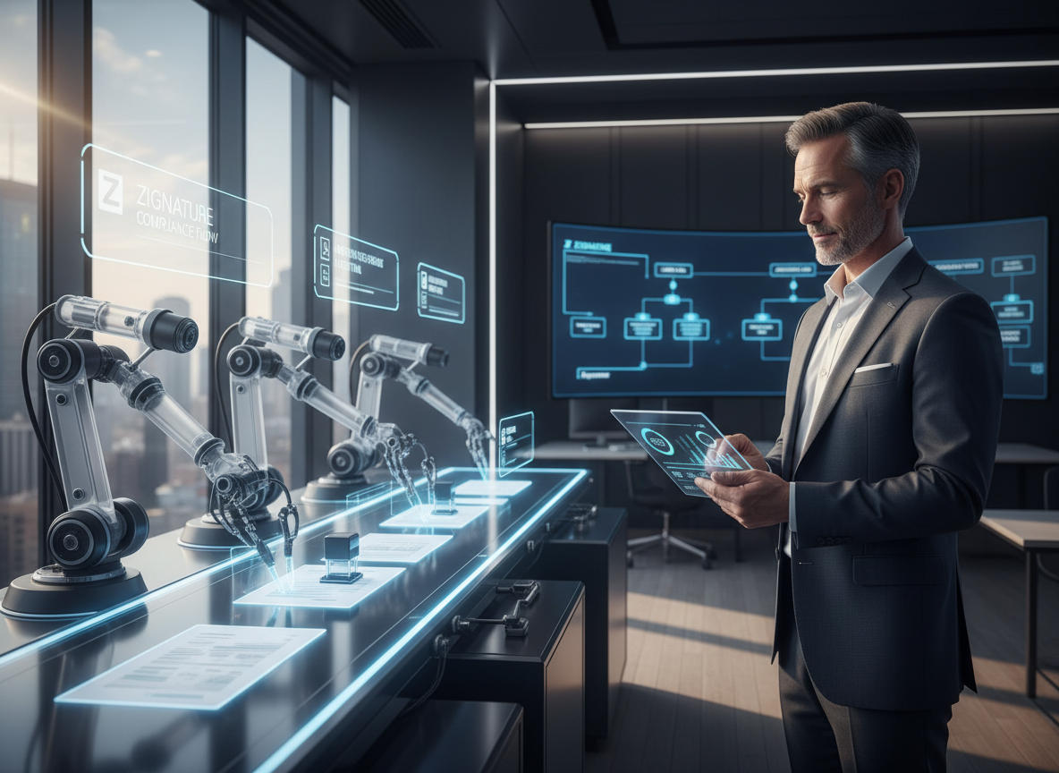 Automated document processing station in an office with robotic arms and a business owner monitoring metrics on a tablet.