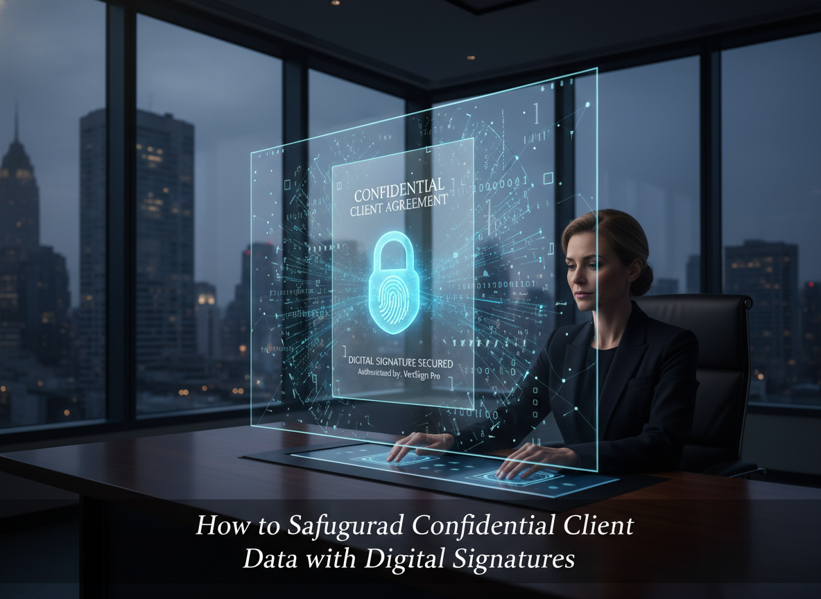 Futuristic digital lock overlaying a document with encrypted data streams, symbolizing digital signature security.