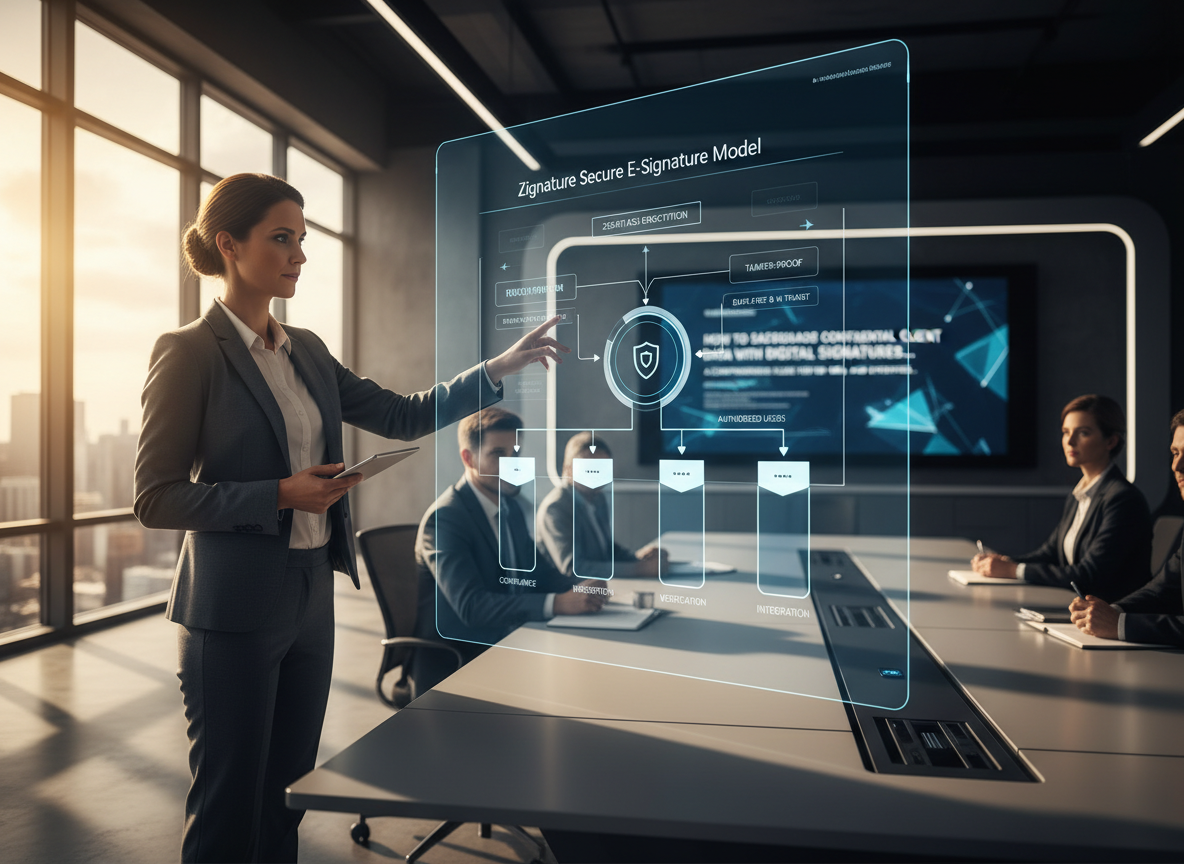Business professional analyzing flowchart of Zignature Secure E-Signature Model with compliance and encryption pillars.