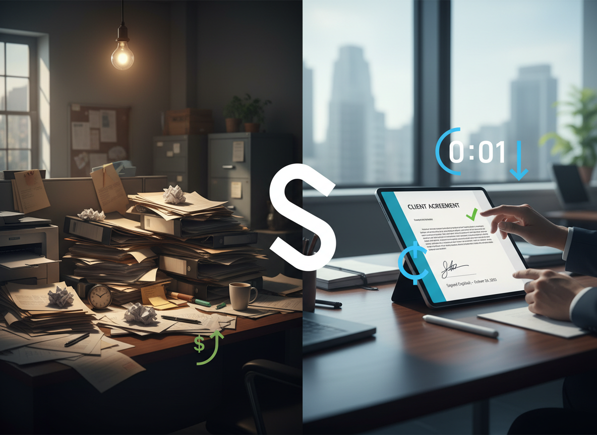 Split image comparing cluttered paper-based processes with efficient digital signature solutions, highlighting efficiencies.